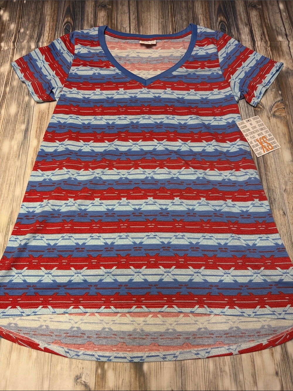 LuLaRoe Christy T Red, Light Blue & Royal Blue V-Neck Short Sleeve Stripe